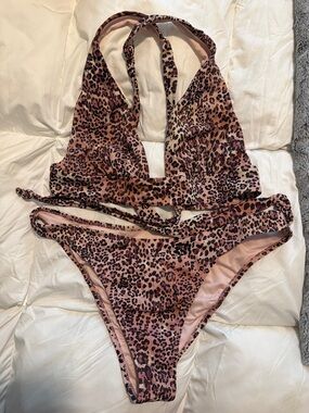 Shade & Shore Pink Leopard Print Halter Bikini